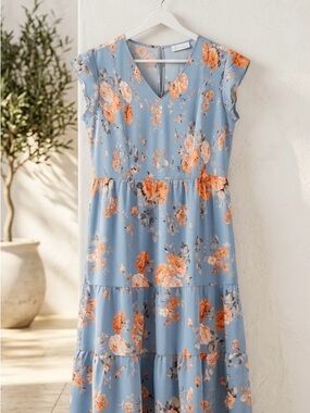 Blue Floral V-Neck Tiered Maxi Dress with Orange Blooms